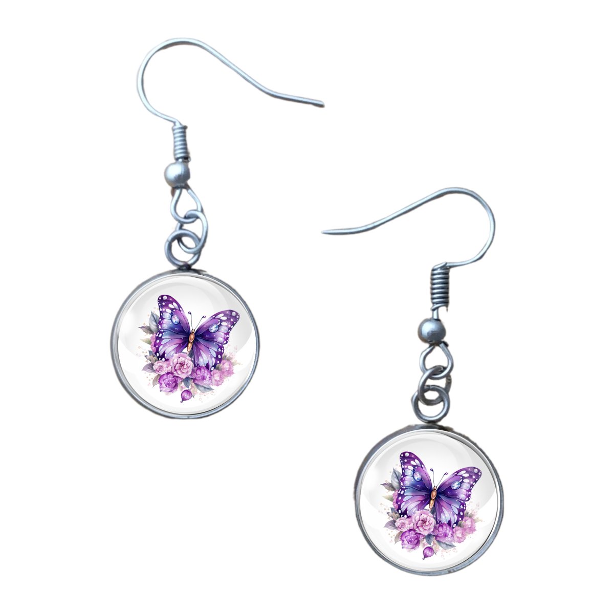 Charm of  purple  butterfly with pink flowers: 14mm glass cabochon earrings, stainless steel base and fishhook style butterfly earrings.