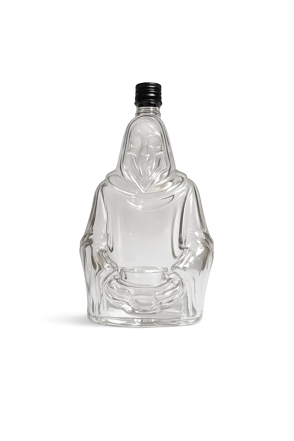 Clear glass bottle shaped like a hooded figure on a white background