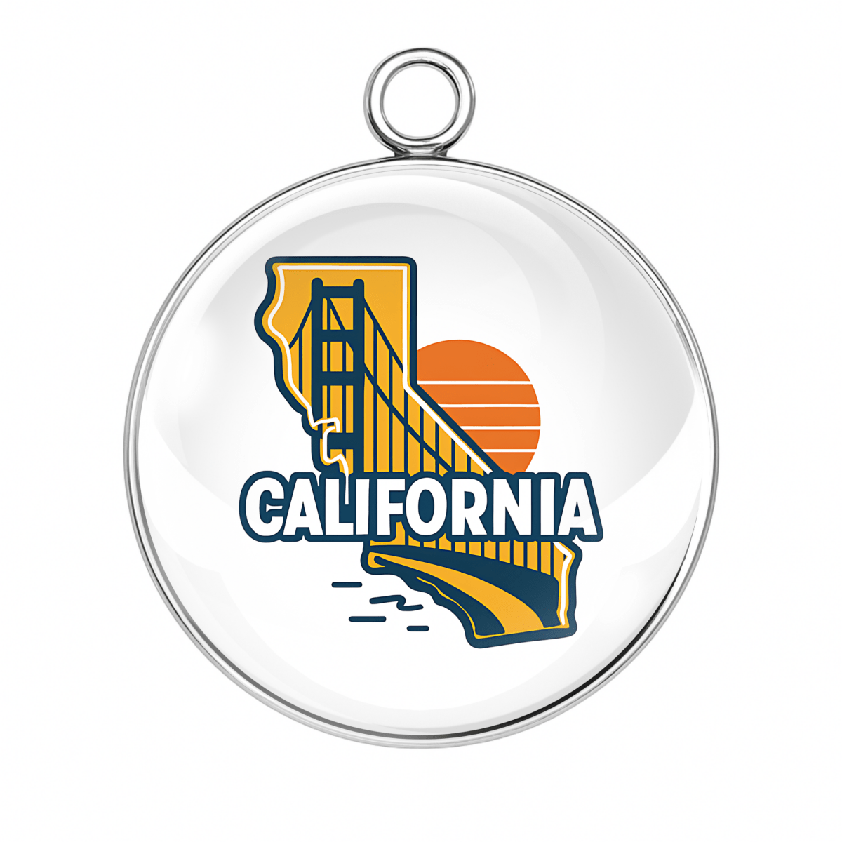 Circular pendant with California design featuring the Golden Gate Bridge and sun.