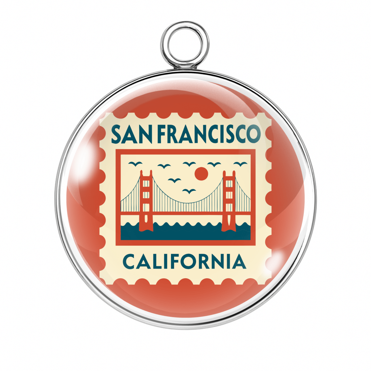 Pendant with 'San Francisco California' postage stamp design featuring the Golden Gate Bridge.