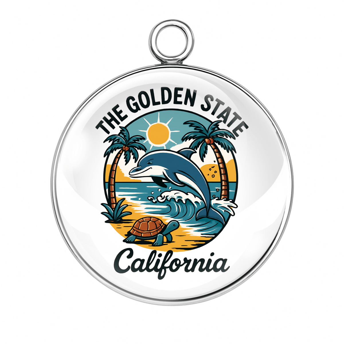 Circular pendant with a design of a dolphin, palm trees, and a turtle, featuring 'The Golden State California' text.