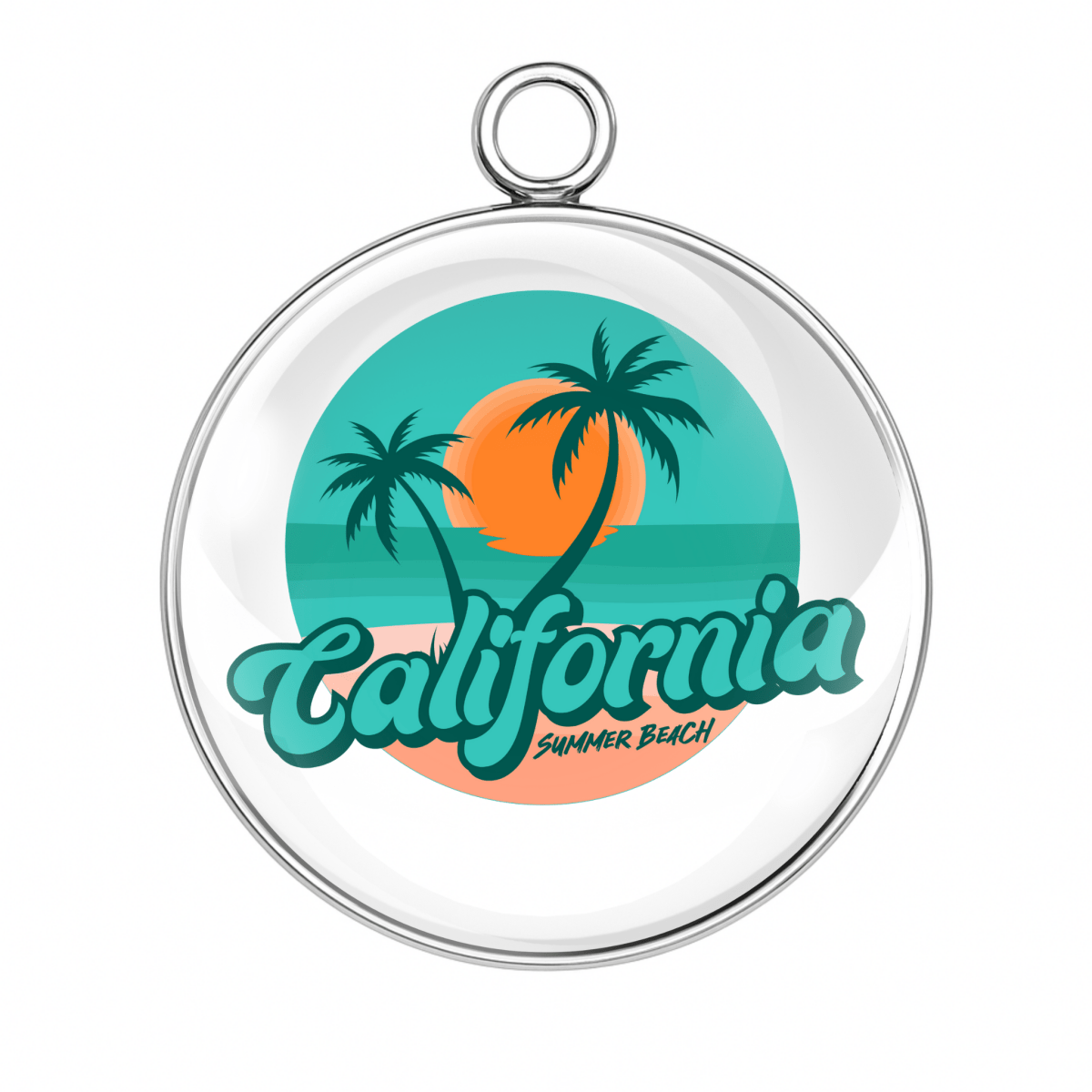 Circular pendant with 'California Summer Beach' design featuring palm trees and an orange sun.