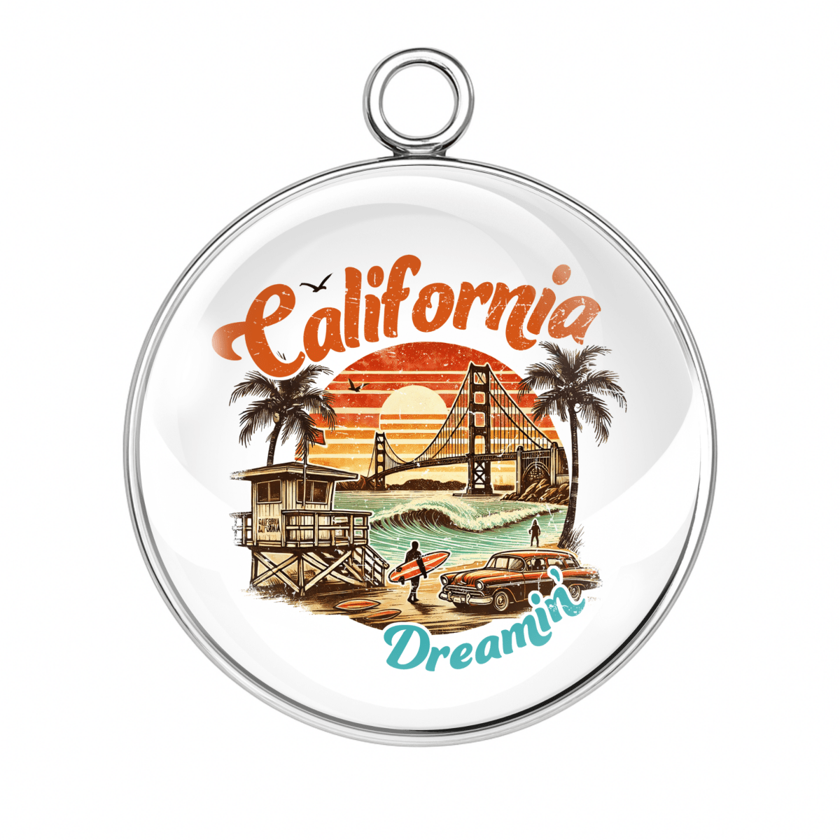 Circular pendant with California-themed design featuring a beach, bridge, and car.