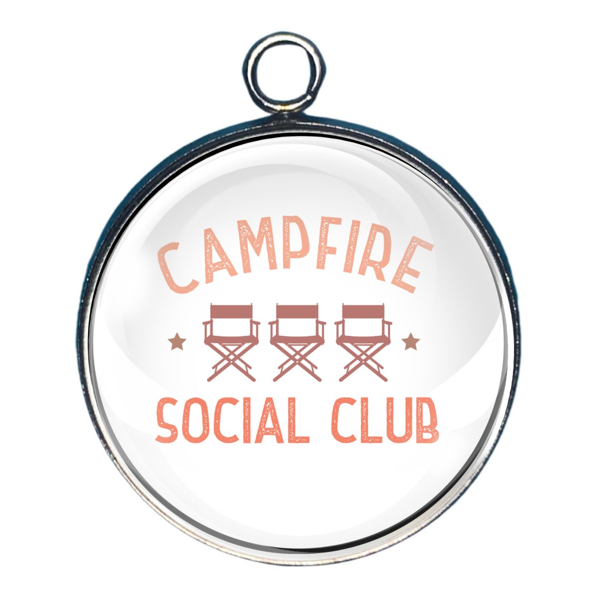 charm with the words campfire social club and 3 camping chairs