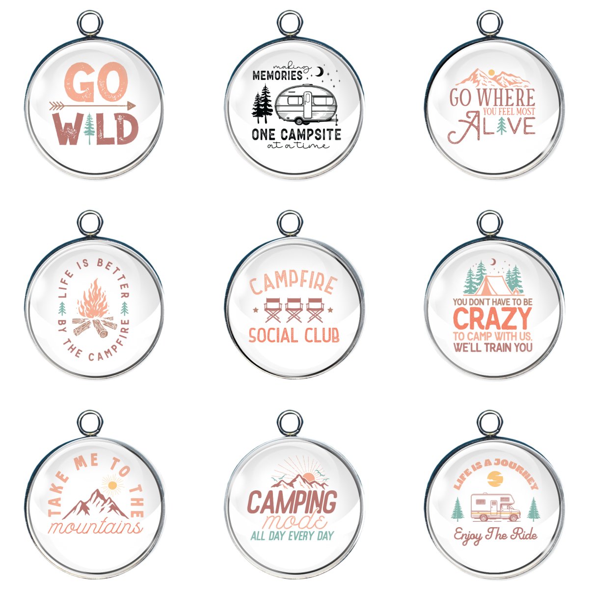 Group of 9 charms depicting camping scenes