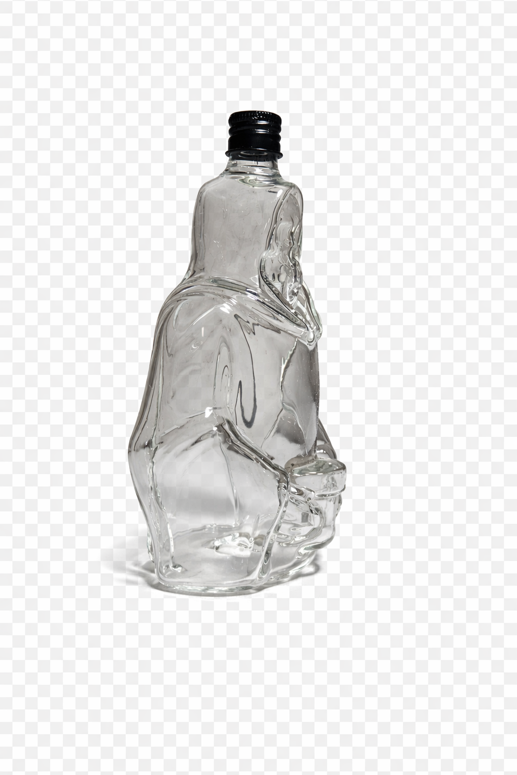 Clear glass bottle shaped like a person on a transparent background