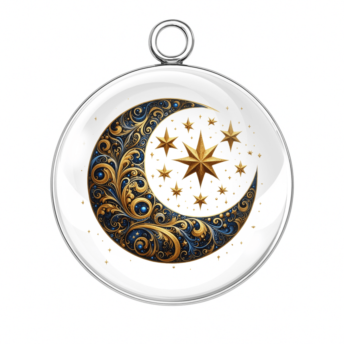 Ornate gold crescent moon and star charm