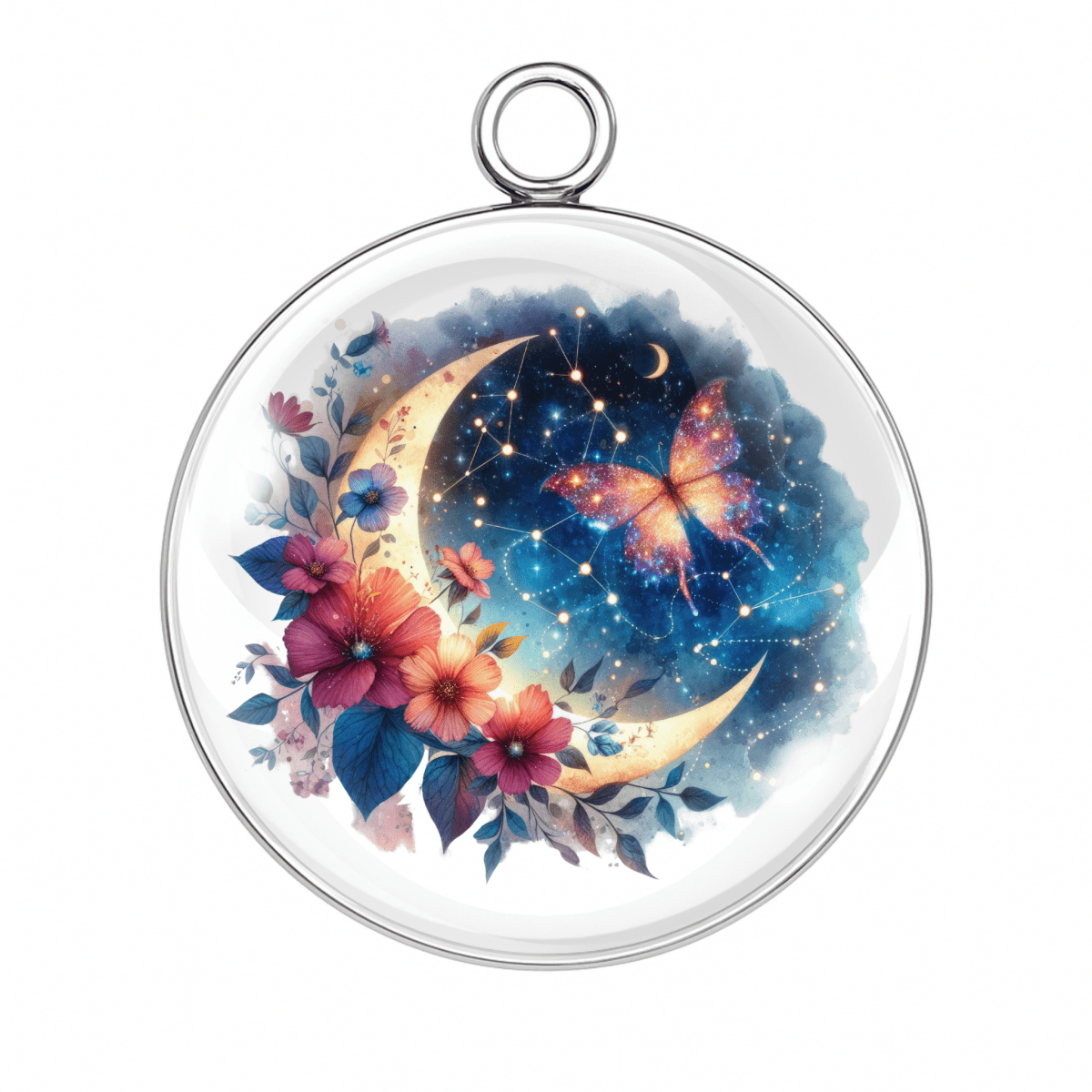  Crescent moon with butterfly and florals glass cabochon charm