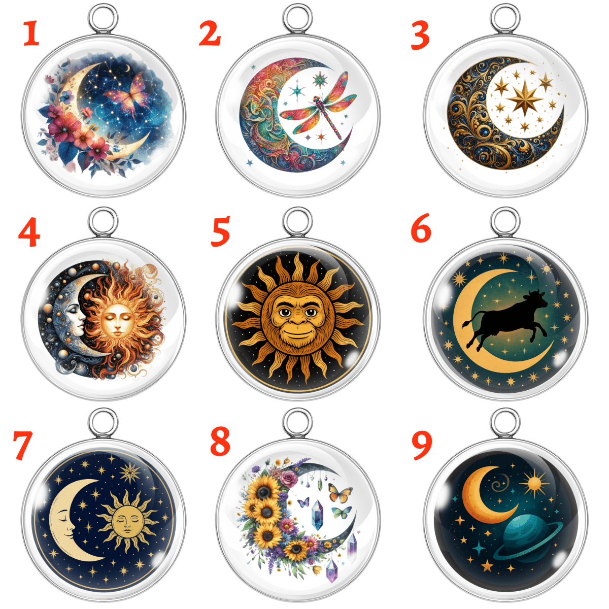 9 celestial sun, moon, and star glass cabochon charms in silver stainless steel frames