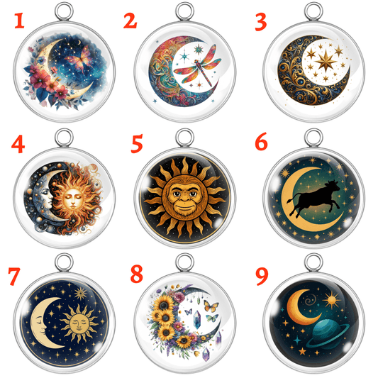 9 celestial sun, moon, and star glass cabochon charms in silver stainless steel frames