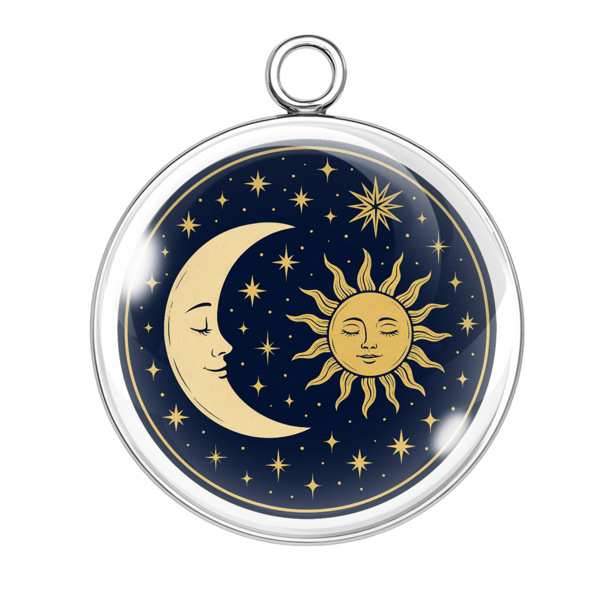 Night sky with crescent moon and sun faces charm