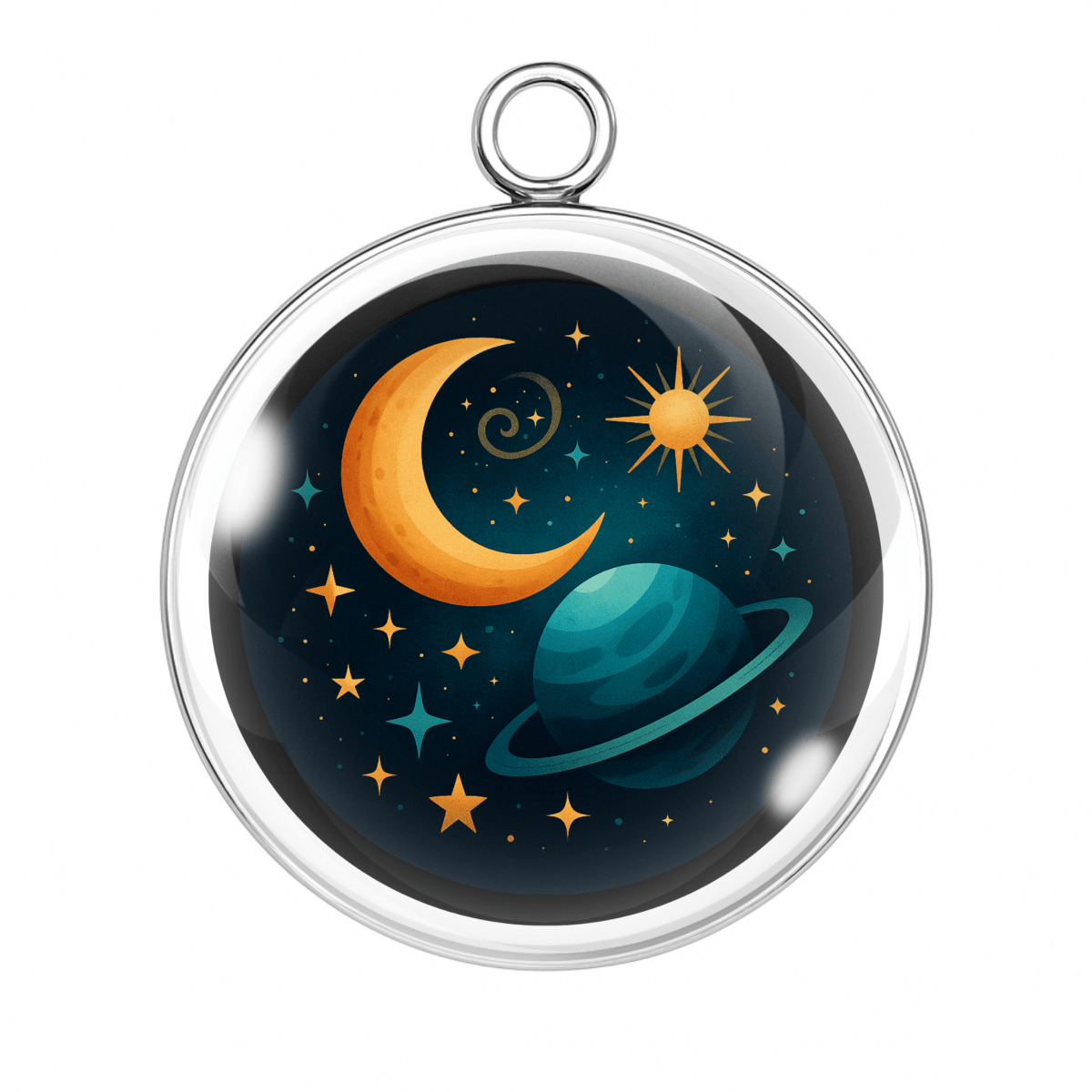 Planet, crescent moon, and stars galaxy charm