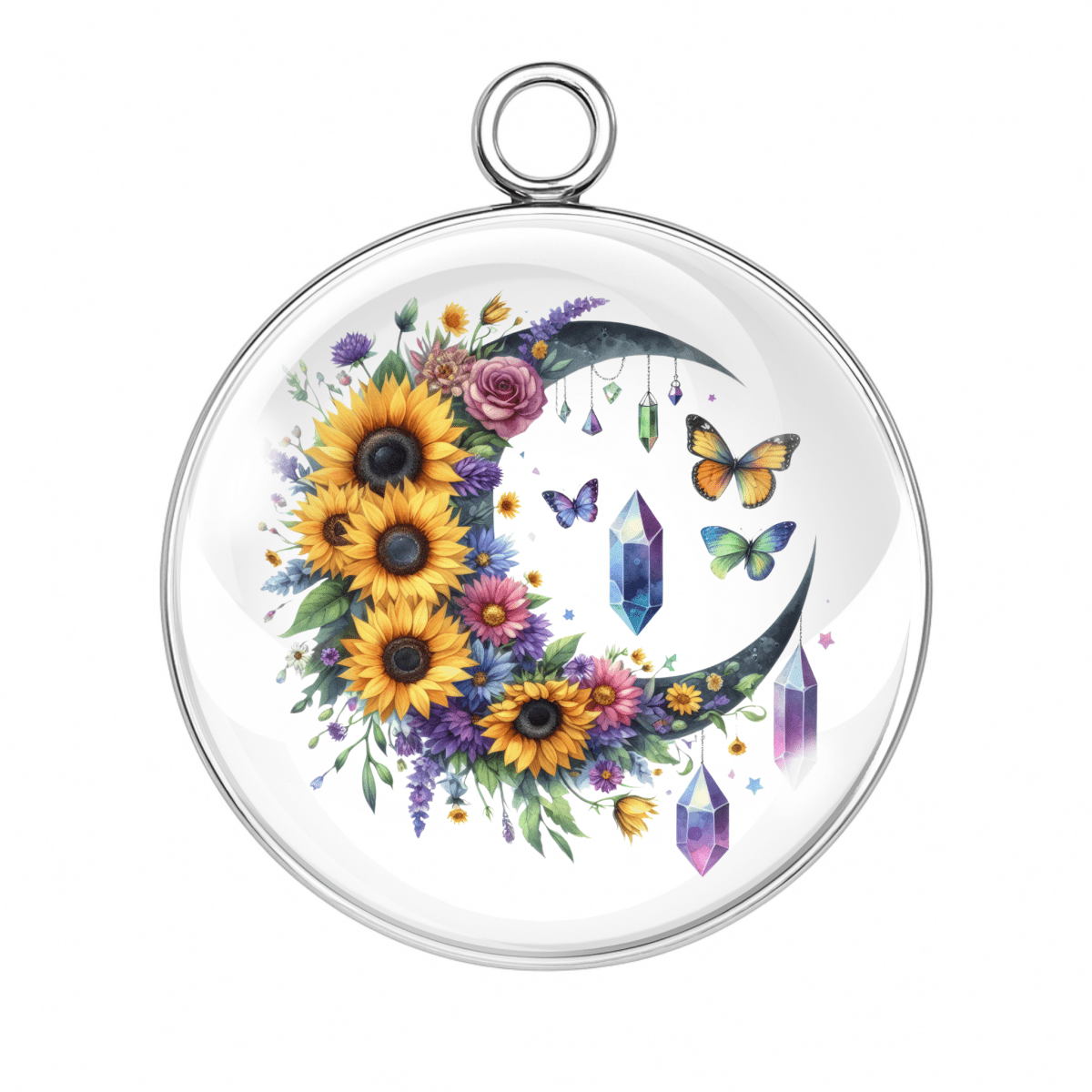  Floral moon with sunflowers, crystals, and butterflies charm