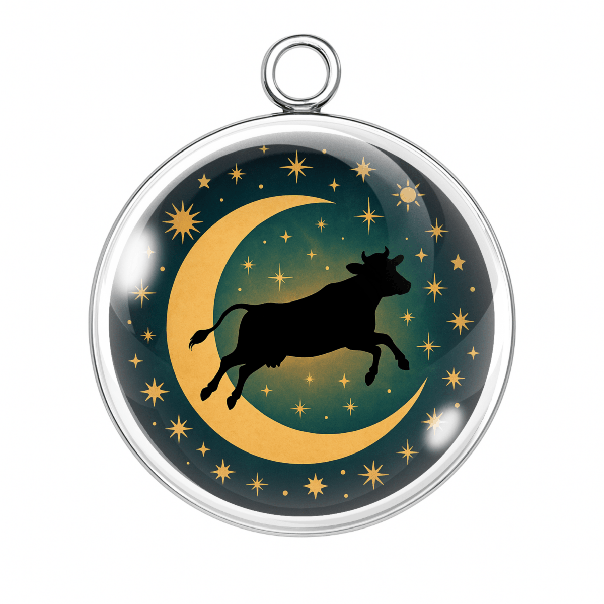  Bull leaping over crescent moon under stars charm