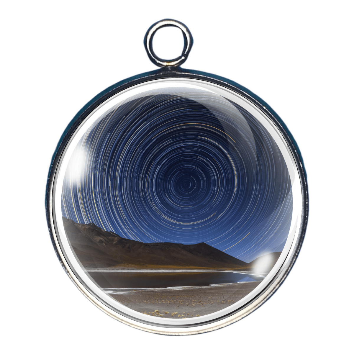 Spiral star trails night sky jewelry charm with long exposure stars