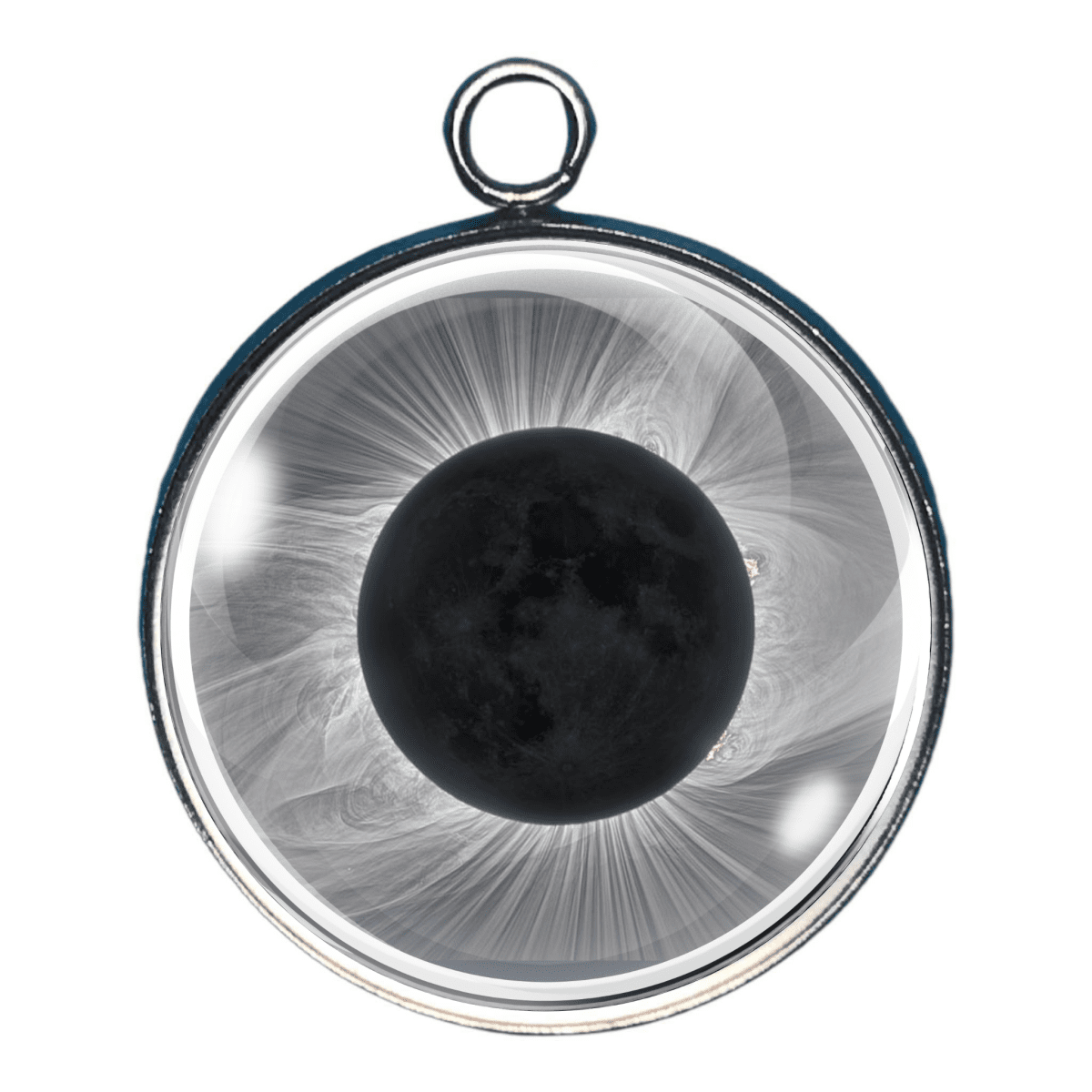 Total solar eclipse celestial jewelry charm with dramatic corona