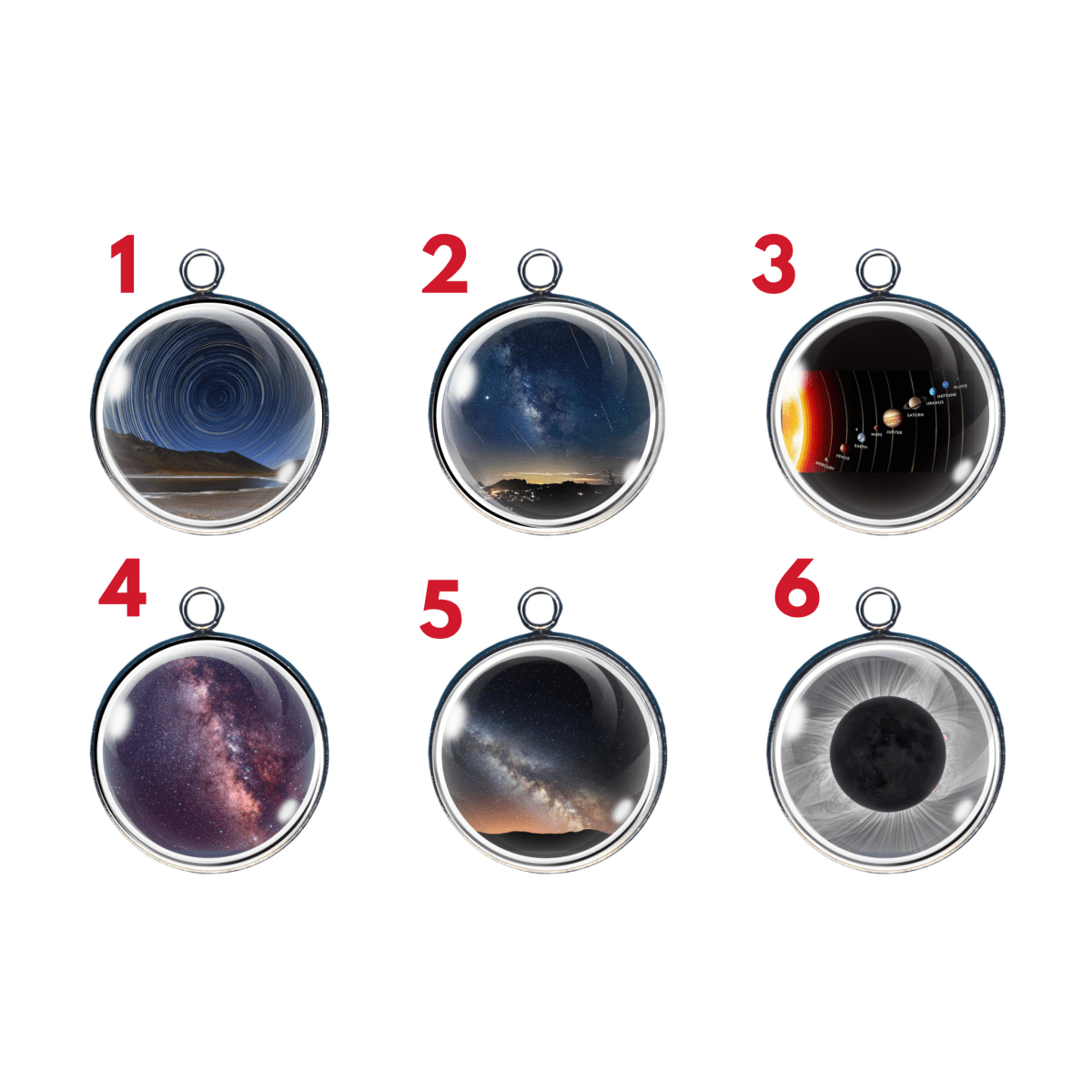 Celestial night sky jewelry charms featuring Milky Way galaxies, star trails, planetary alignment, and solar eclipse designs