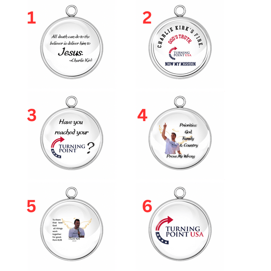 Set of six round memorial charms honoring Charlie Kirk’s message and mission, featuring Christian faith and patriotic Turning Point USA themes.