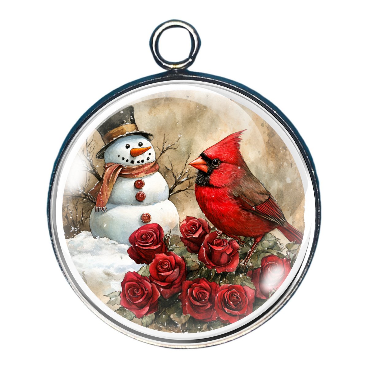 Charm of a cardinal with roses and a snowman