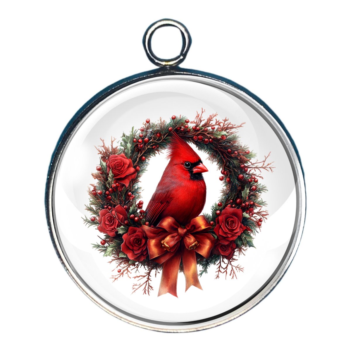 charm of a cardinal with a pine wreath with roses and berries