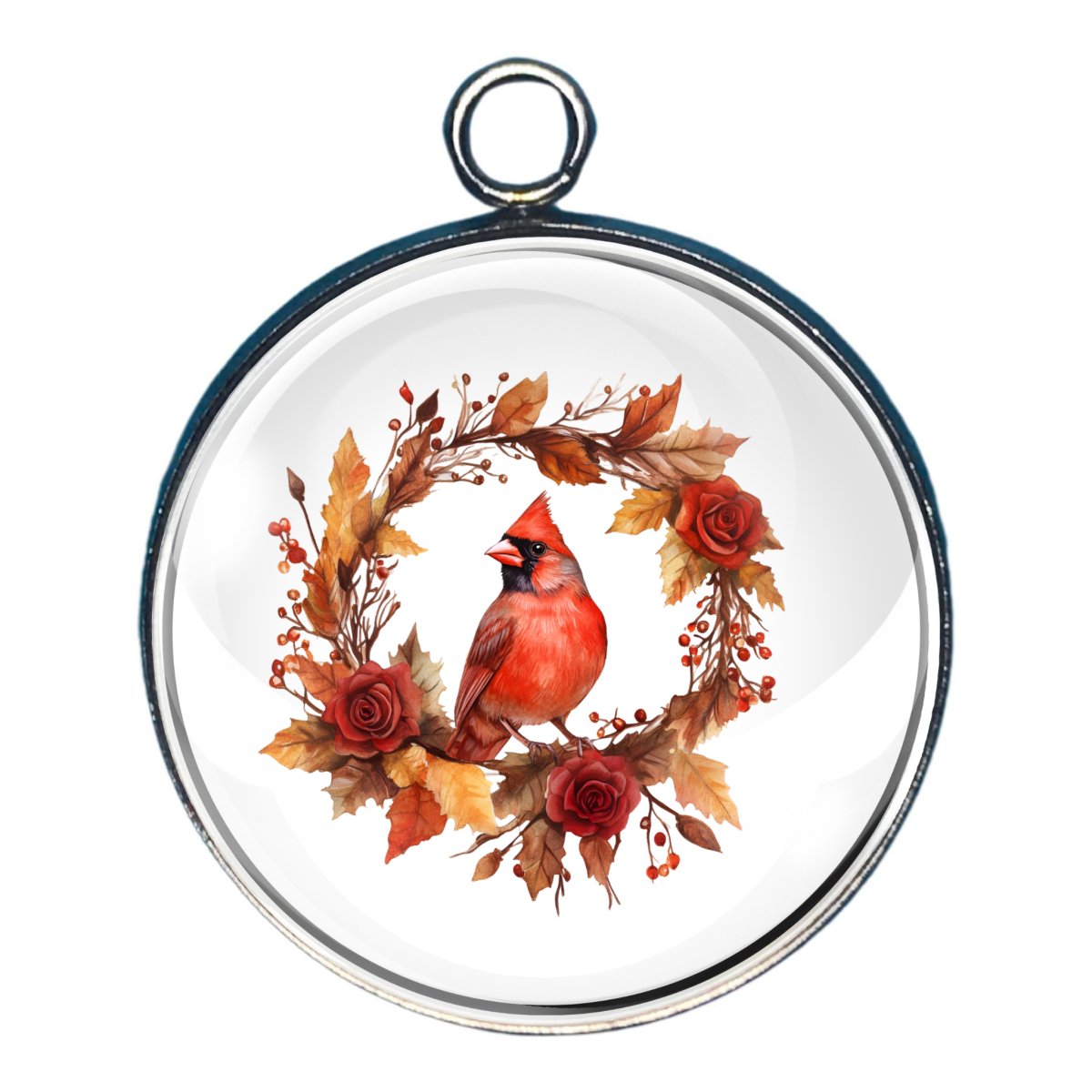 charm of a cardinal on a wreath of roses and fall leaves