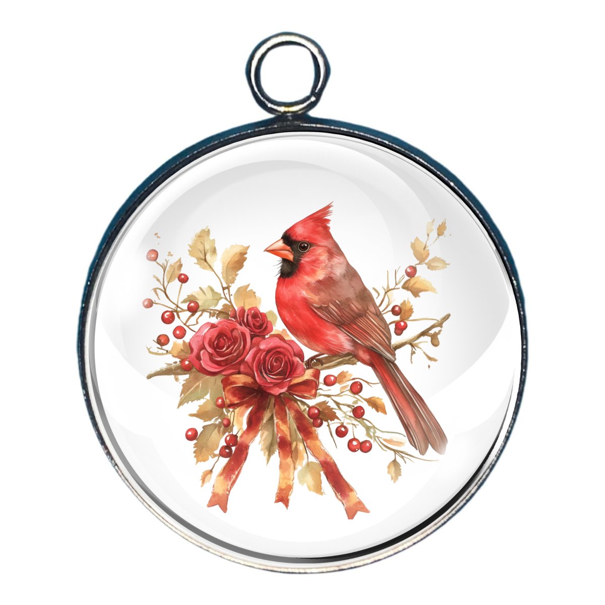 charm of a cardinal with roses on a branch with berries