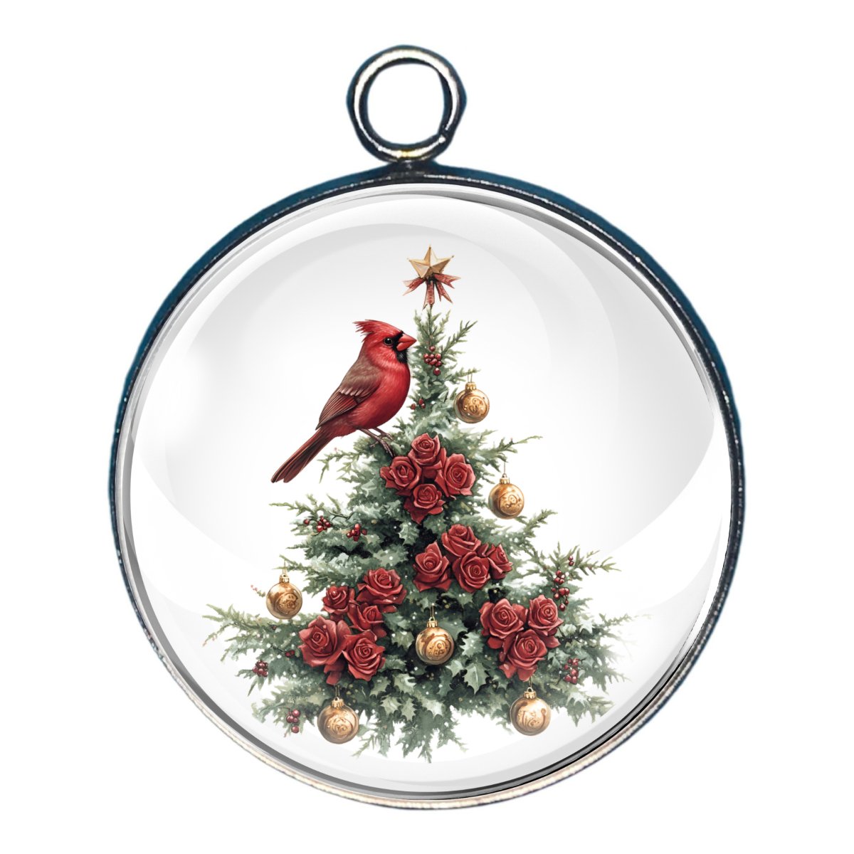 charm of a cardinal on a christmas tree with roses