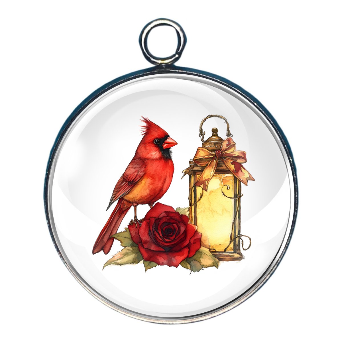 charm of a cardinal with a rose and a lantern