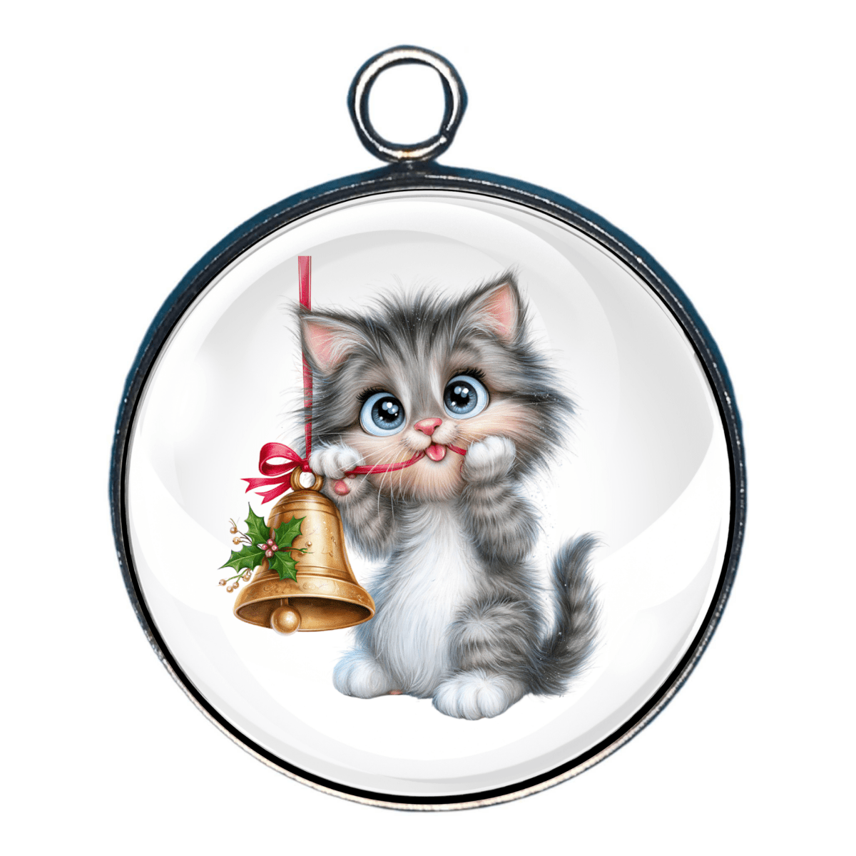 Charm of a grey kitten holding and playing with a golden Christmas bell.