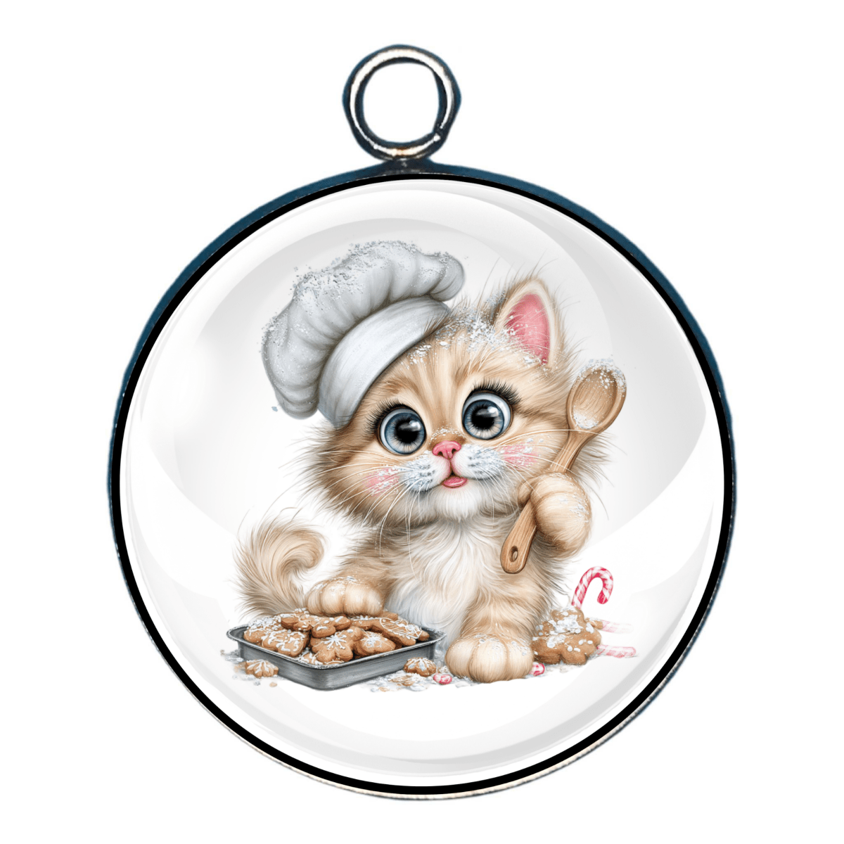 Charm of a cream colored kitten wearing a chef's hat beside a  tray of Christmas cookies.