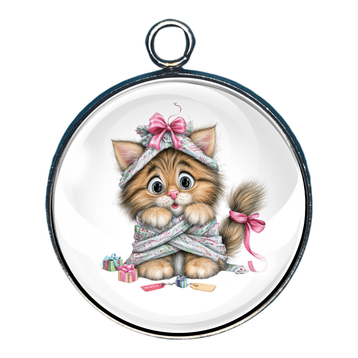 Charm of a cute brown kitten wrapped up in wrapping paper...