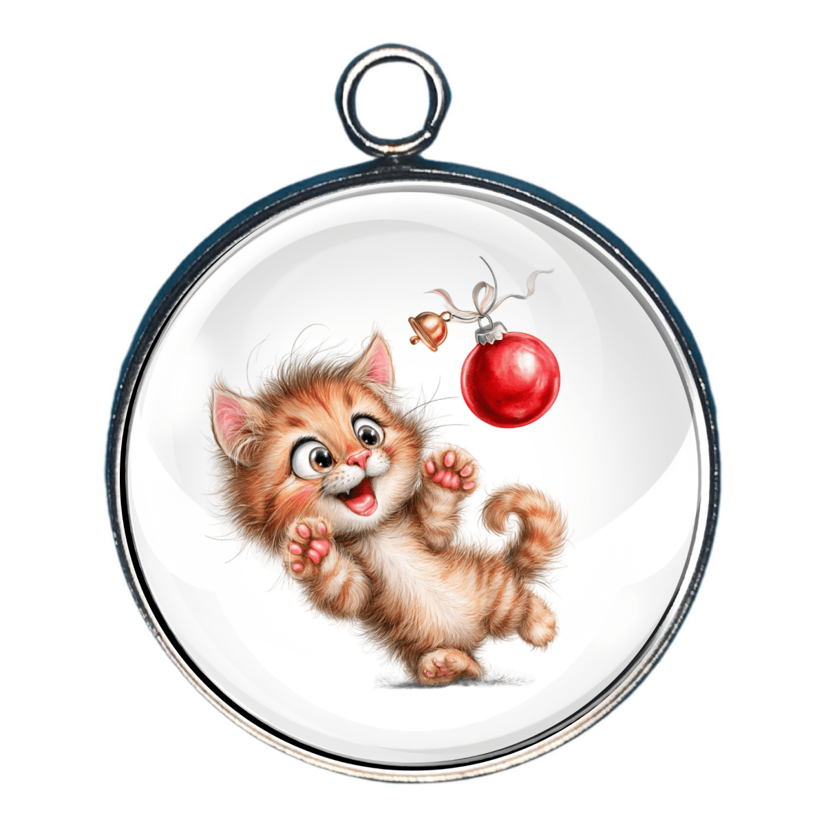 Charm of a kitten playing with a red Christmas ornament.