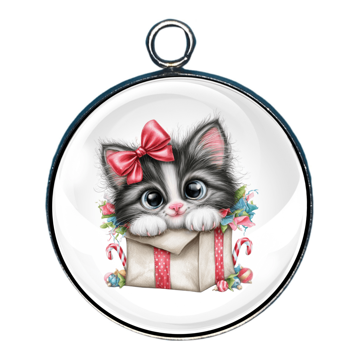Charm of a black and white kitten peeking out of a Christmas gift box.