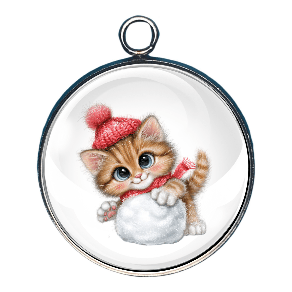Charm of a fluffy kitten wearing a red knit hat and plaing with a snowball.