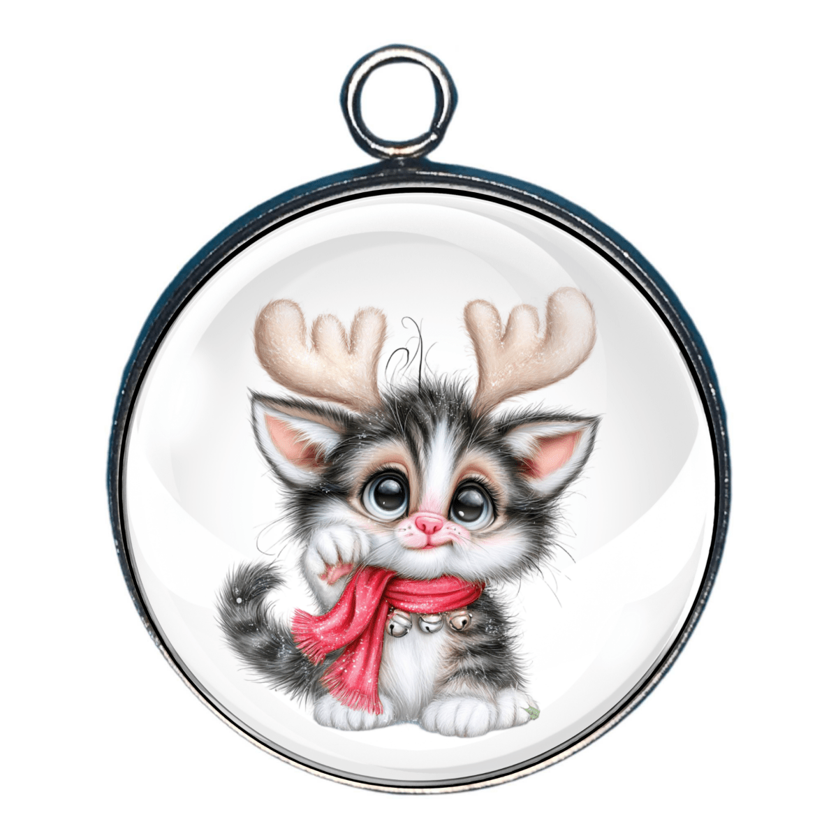 Charm of a kitten wearing reaindeer antlers and a red scarf with bells.