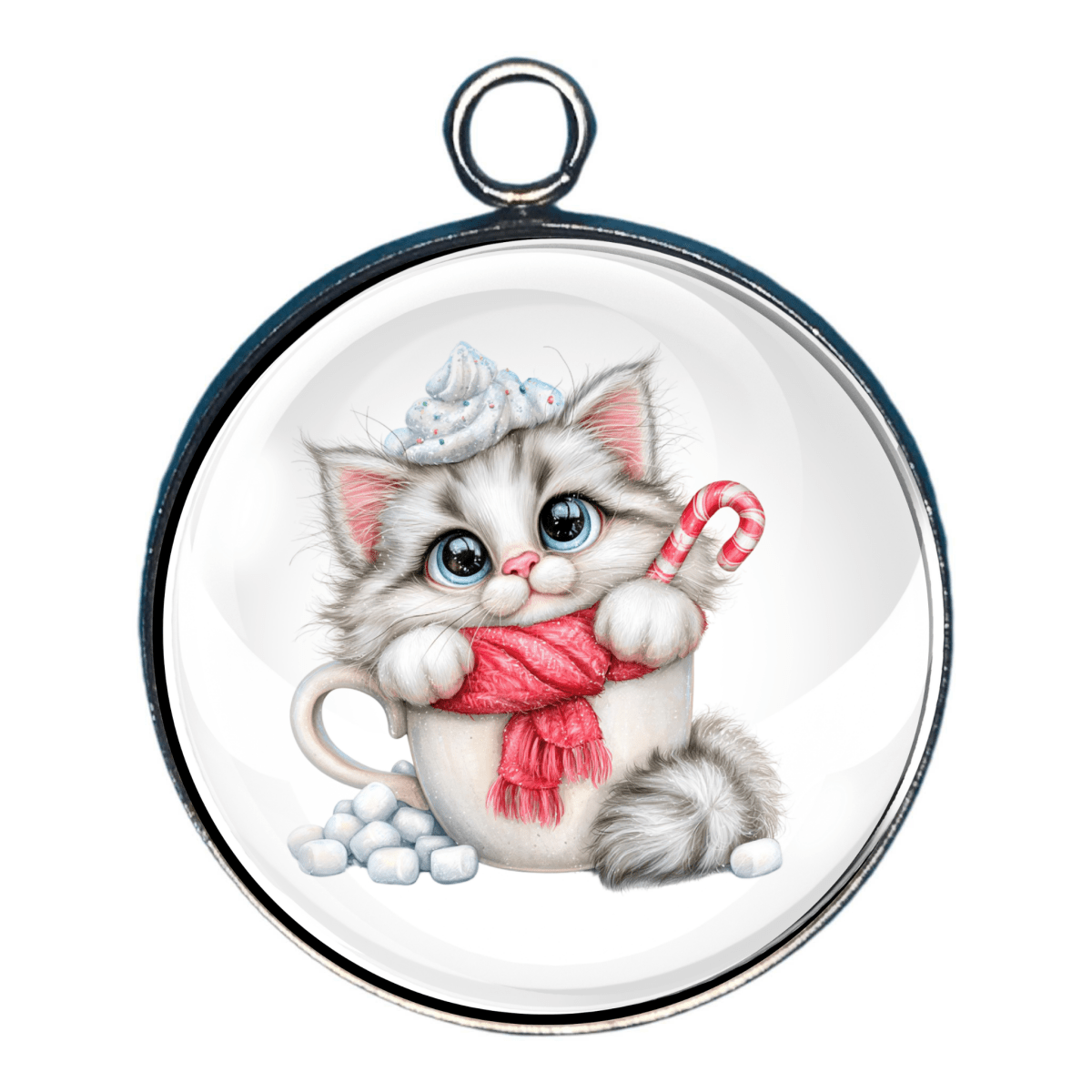 Charm of a kitten in a mug, wearing a scarf and holding a candy cane, there is whipped cream and marshmellows.