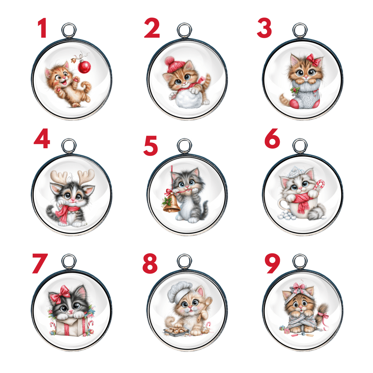 Group of 9 charms of kittens doing winter and Christmas things.