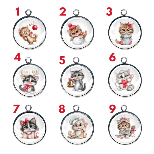 Group of 9 charms of kittens doing winter and Christmas things.