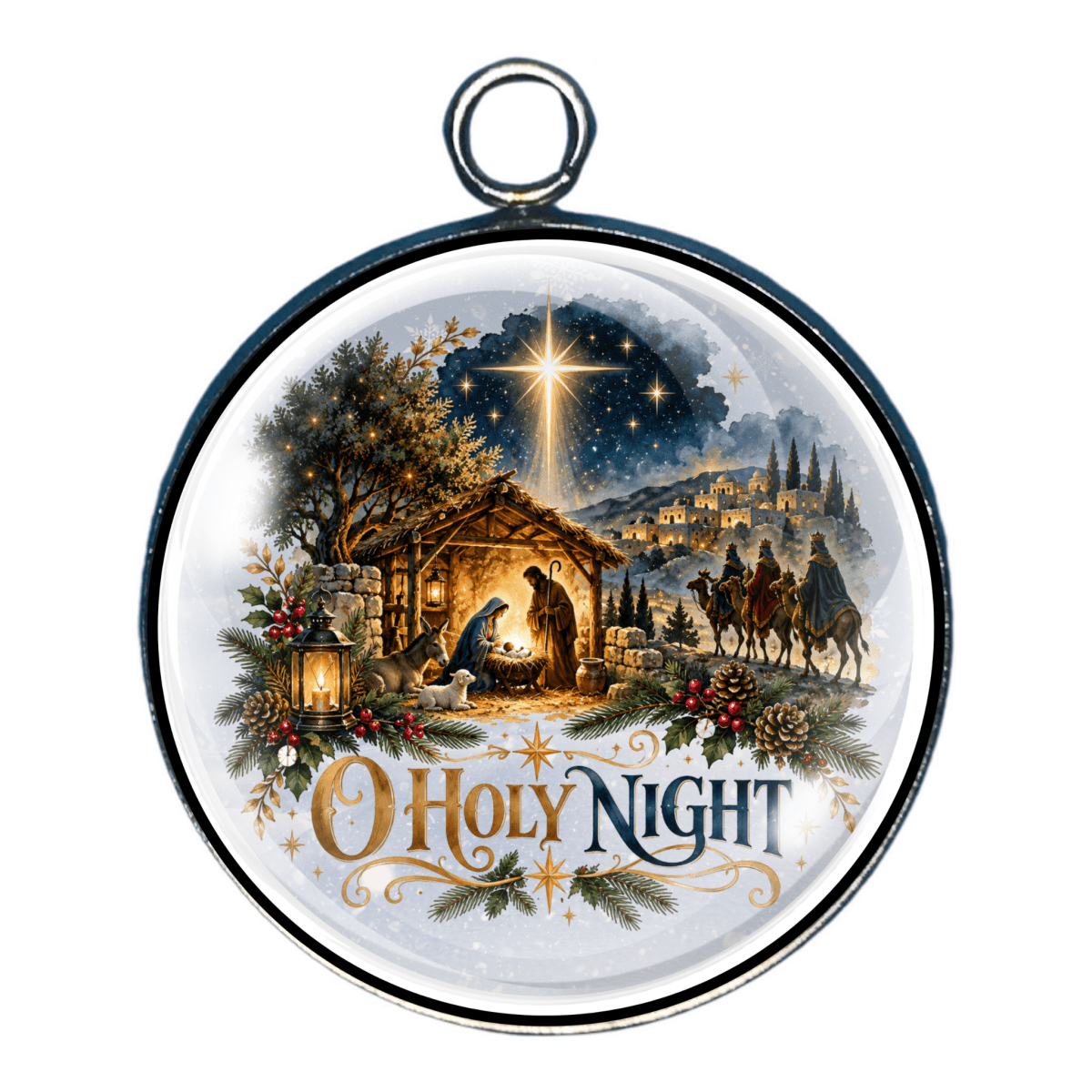 Glass cabochon charm featuring a Nativity scene with the Holy Family, visitors, and a shining star above a village, with O Holy Night lettering.