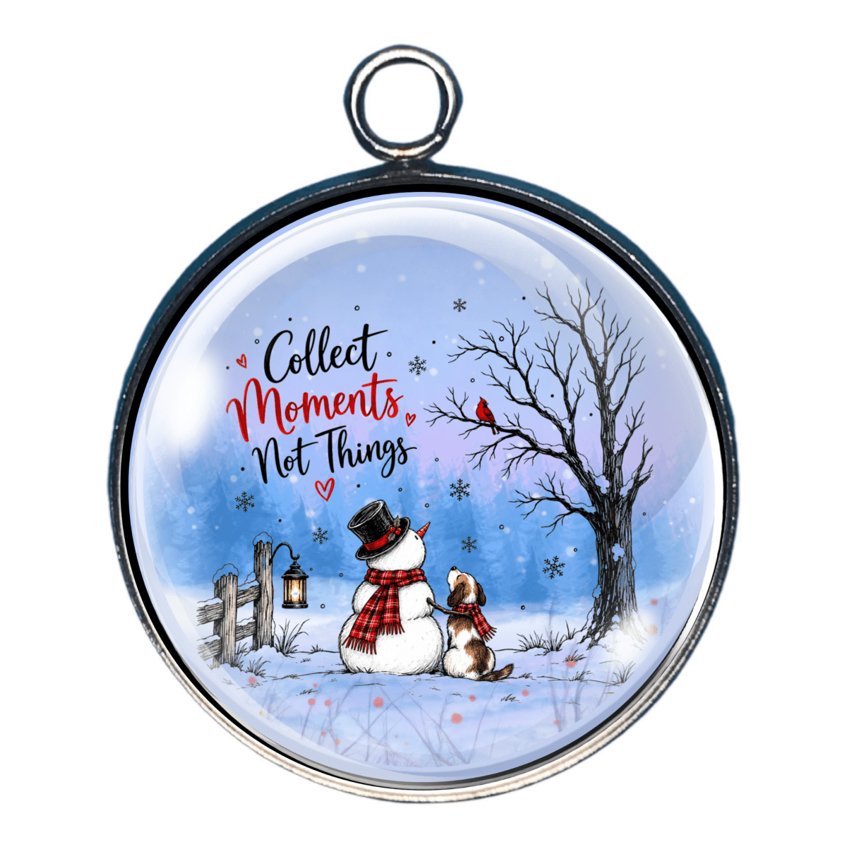 Glass cabochon charm featuring a snowman and woodland friends in a snowy winter landscape with Collect Moments, Not Things wording.