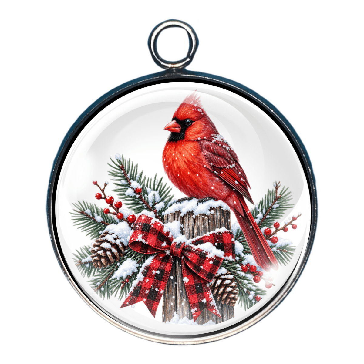 Glass cabochon charm featuring a red cardinal perched on snowy evergreen branches decorated with a red plaid bow and berries.