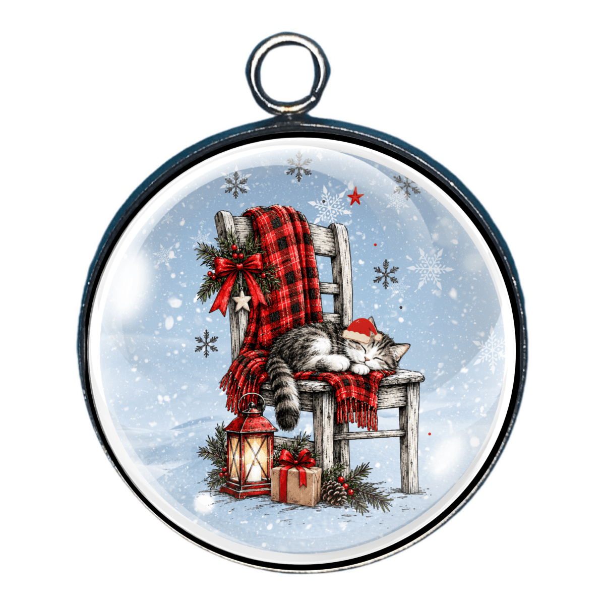 Glass cabochon charm featuring a sleeping kitten wearing a Santa hat on a rustic wooden chair with a red plaid blanket, lantern, and Christmas gift.