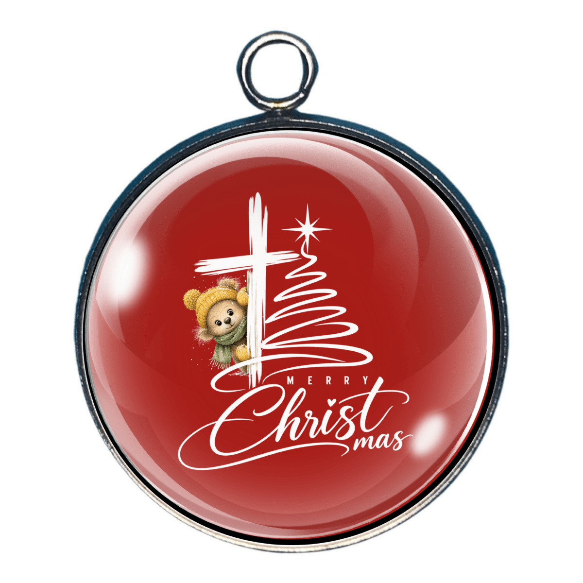 Glass cabochon charm featuring a white Christmas tree design, teddy bear, and Merry Christmas lettering on a red background.