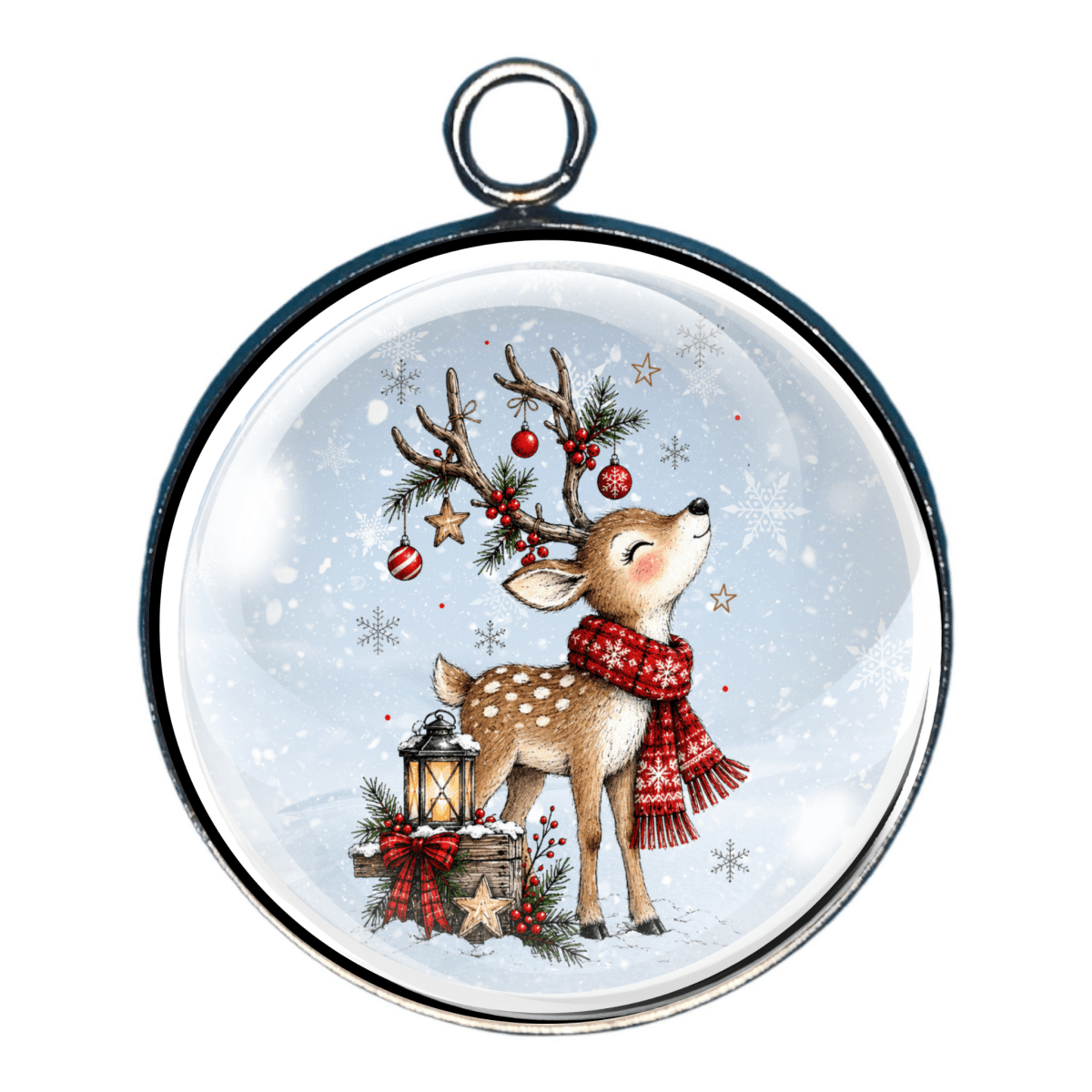 Glass cabochon charm featuring a spotted reindeer wearing a red scarf among snowy evergreen branches, berries, and a glowing lantern.