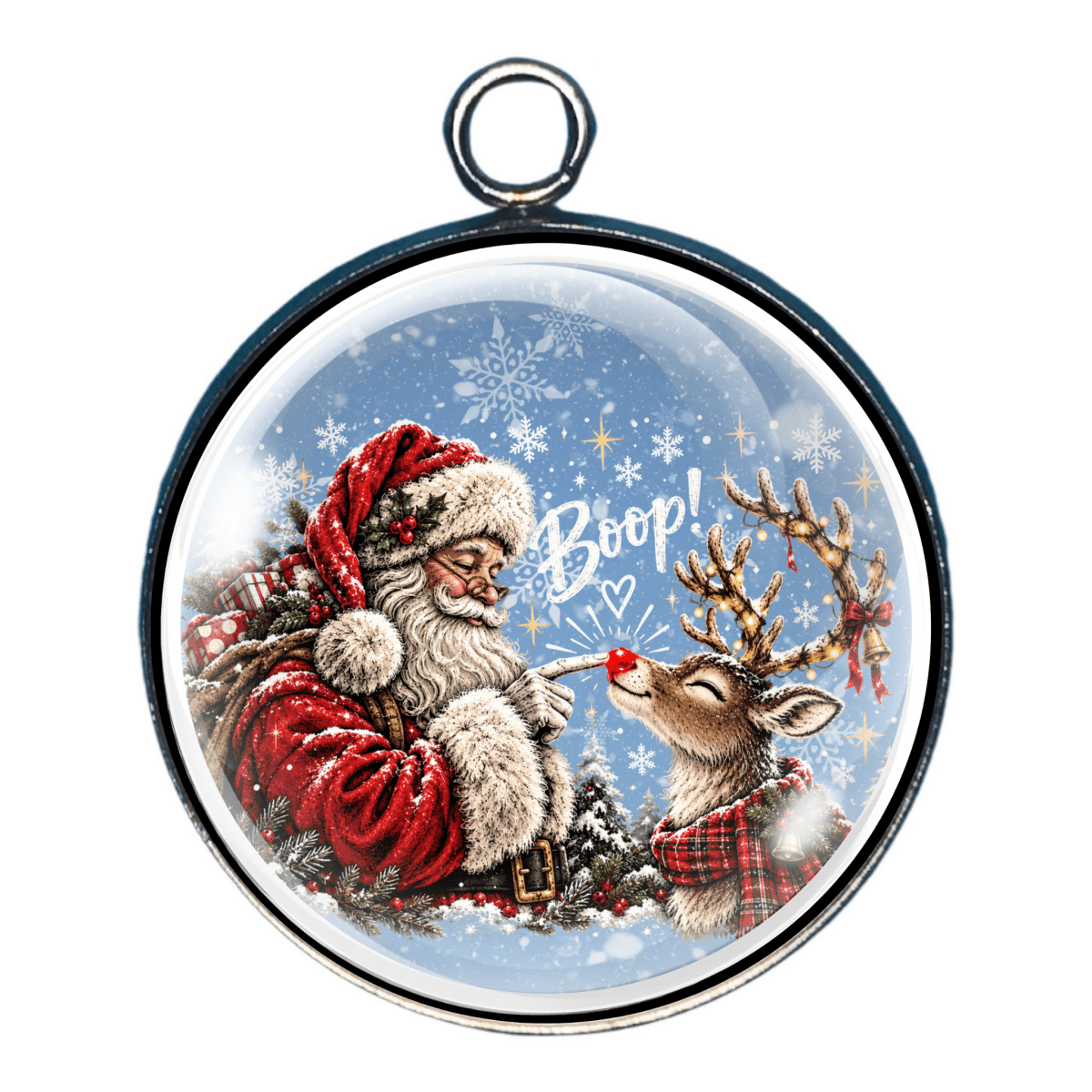 Glass cabochon charm featuring Santa Claus and a reindeer touching noses in a snowy scene with festive lettering.