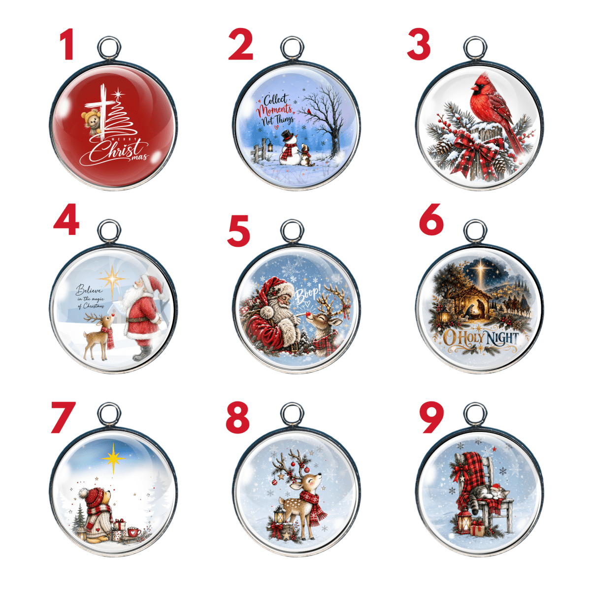 Group of Glass cabochon charms featuring nine Christmas and winter designs, including Santa, a cardinal, woodland animals, a Nativity scene, and a sleeping kitten and more.