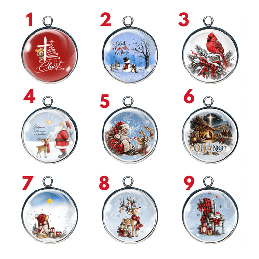 Group of Glass cabochon charms featuring nine Christmas and winter designs, including Santa, a cardinal, woodland animals, a Nativity scene, and a sleeping kitten and more.