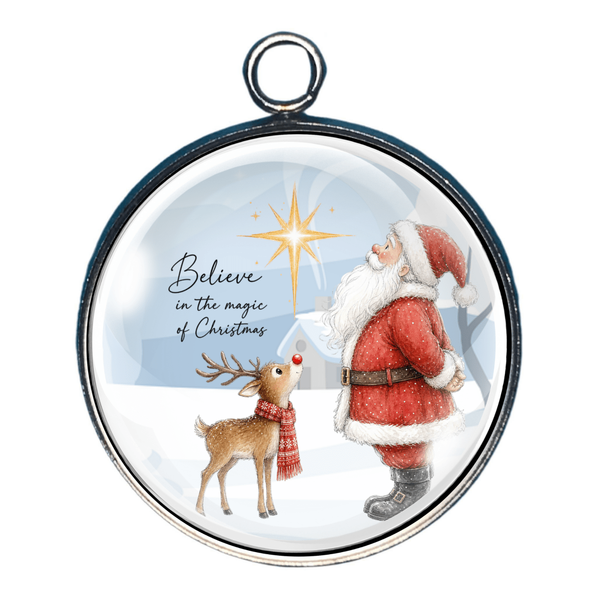 Glass cabochon charm featuring Santa Claus and a reindeer beneath a shining Christmas Star, with Believe in the Magic of Christmas lettering.