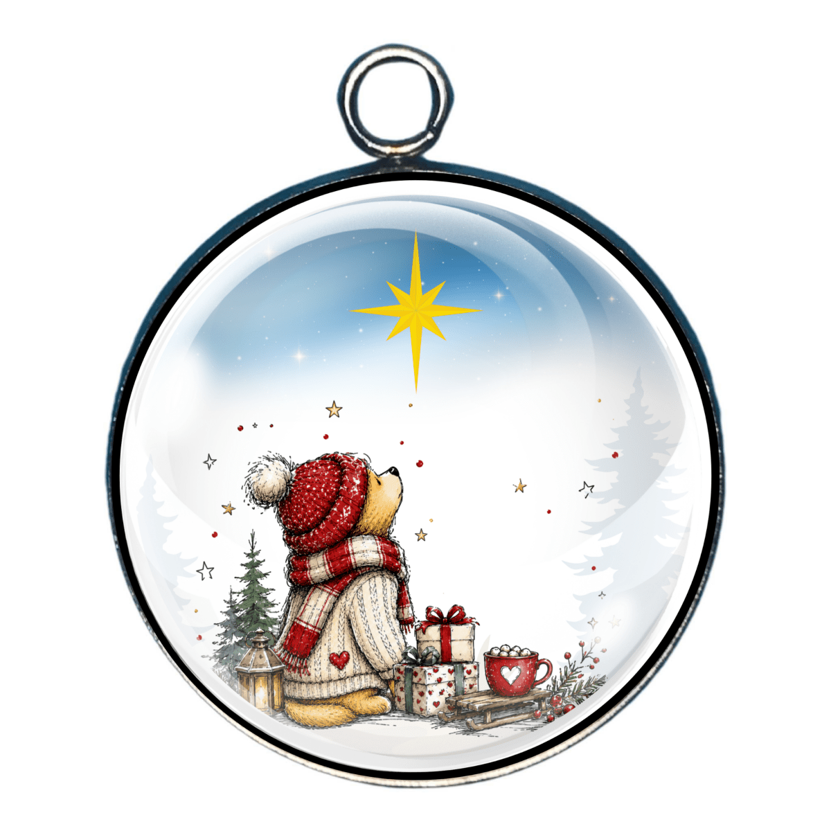 Glass cabochon charm featuring a bundled-up bear looking toward a bright Christmas star in a snowy winter landscape with a small tree and presents.