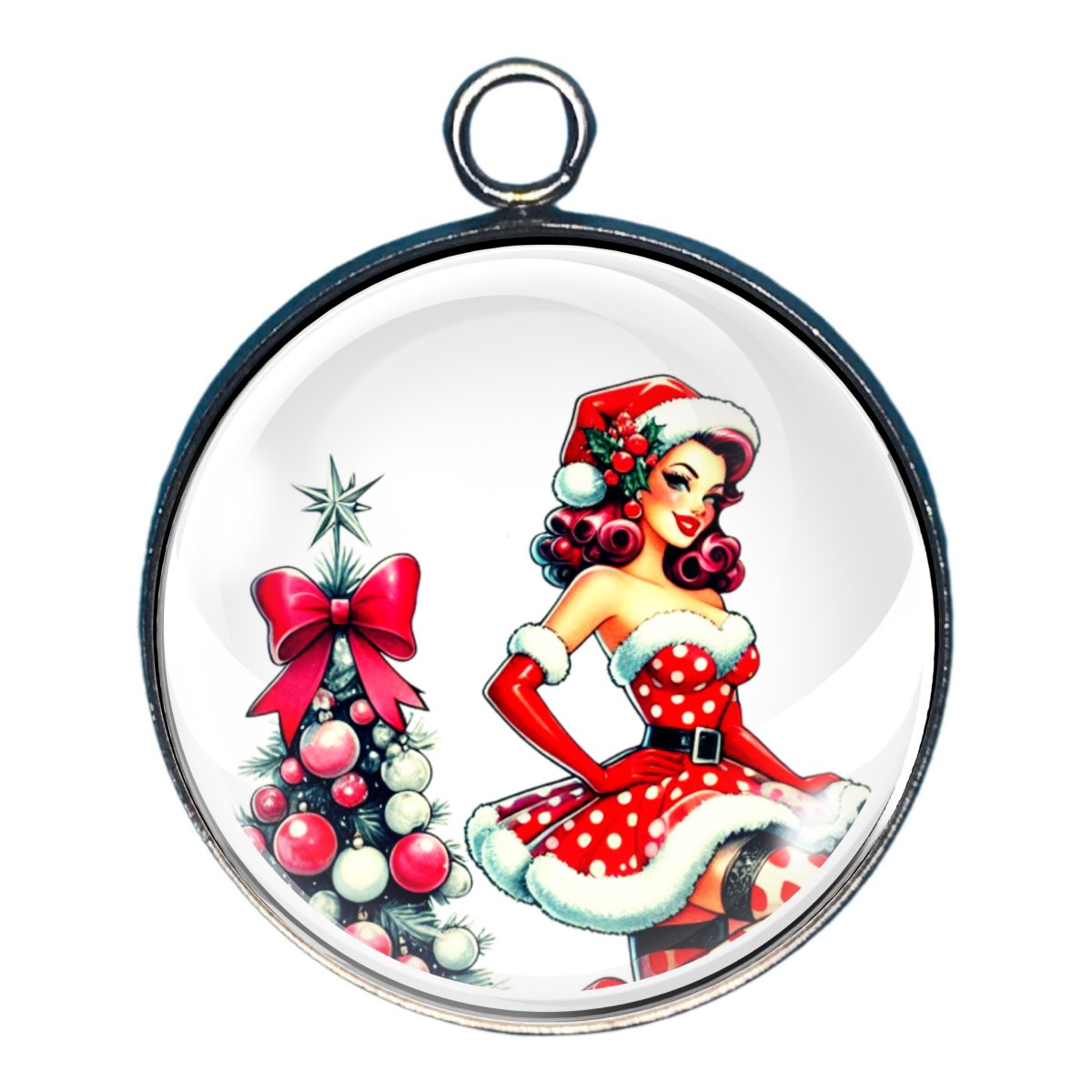 charm of a pin up girl in a christmas dress and a decorated tree